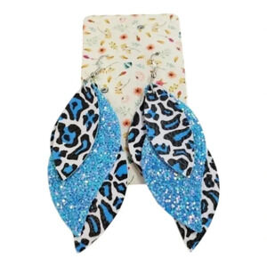 3 Layer Blue Sparkle Animal Faux Leather Dangle Chic Lightweight Earrings  3bl13